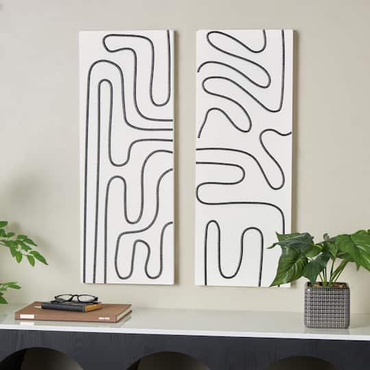 32" x 12" White Wood Geometric Wall Art Set with Black Accents